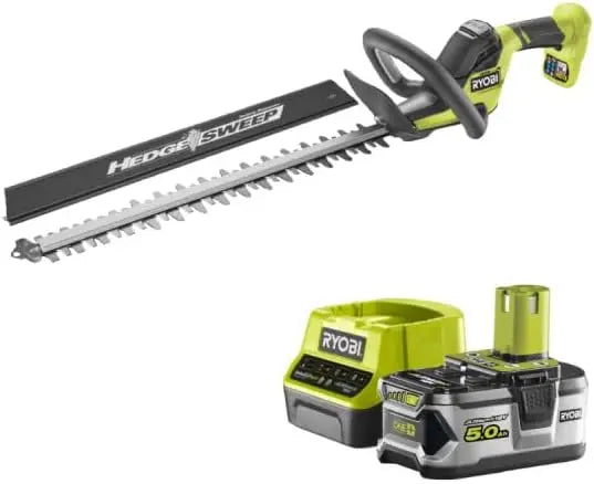 Pack RYOBI Taille-Haies 18V One+ - Linea - 50 cm - RY18HT50A-0-1 Batterie 5.0Ah - 1 Chargeur Rapide – 5,0 Ah, gris