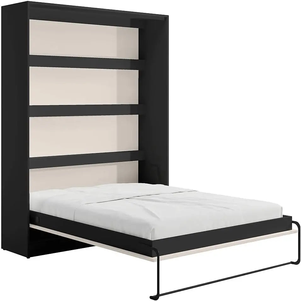 Vente-unique - Lit escamotable 160 x 200 cm - Ouverture Verticale Manuelle - avec LEDs – noir/beige