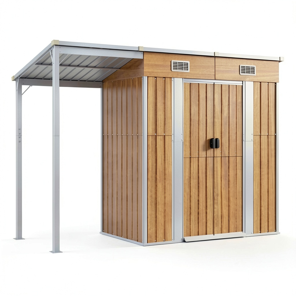 Abri de jardin, avec rangement, en acier, coloris marron, 277 x 107 x 181 cm, pour le jardin