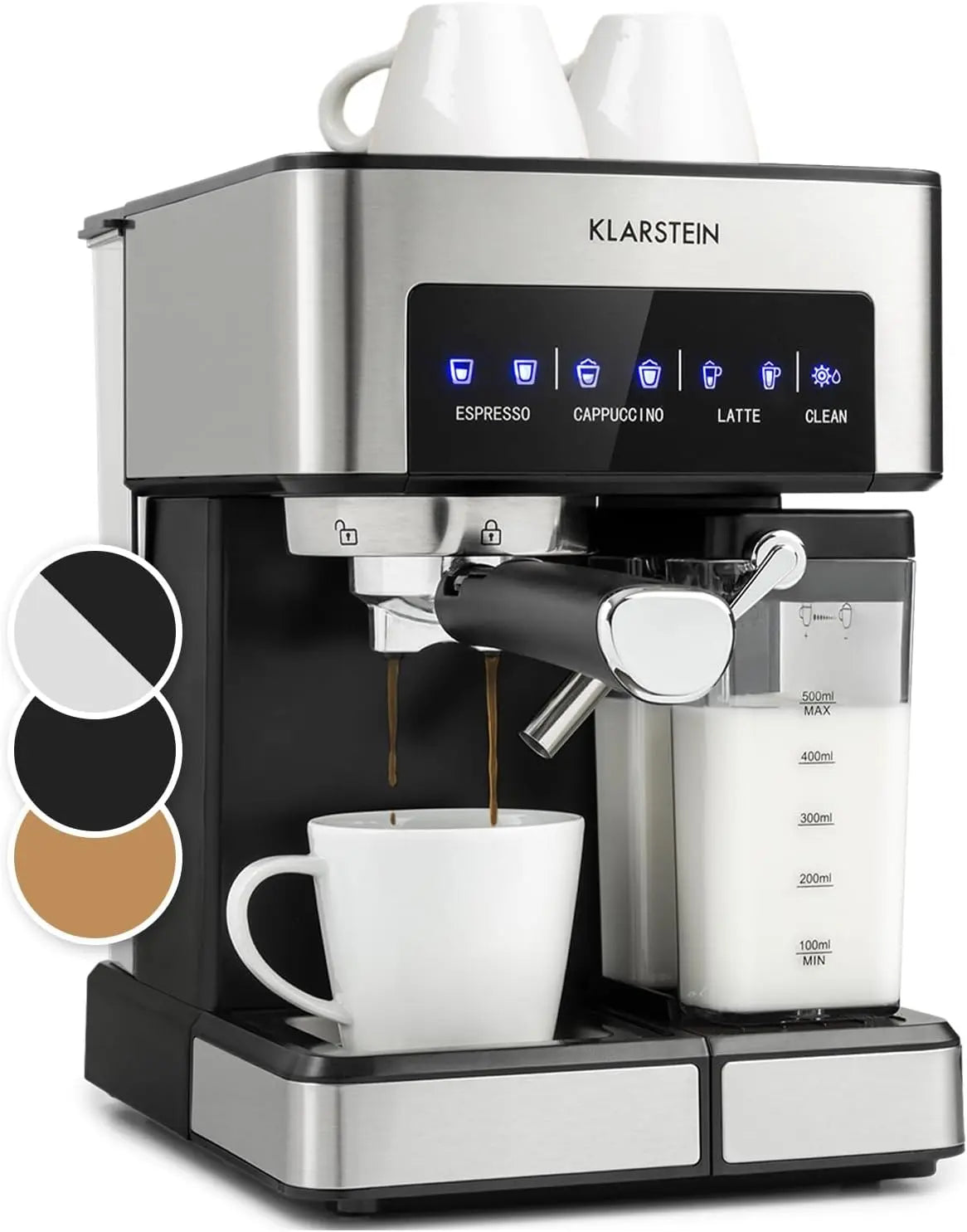 KLARSTEIN Machine 1,8L à café espresso à porte-filtre avec Mousseur de Lait – 1350 W, argenté