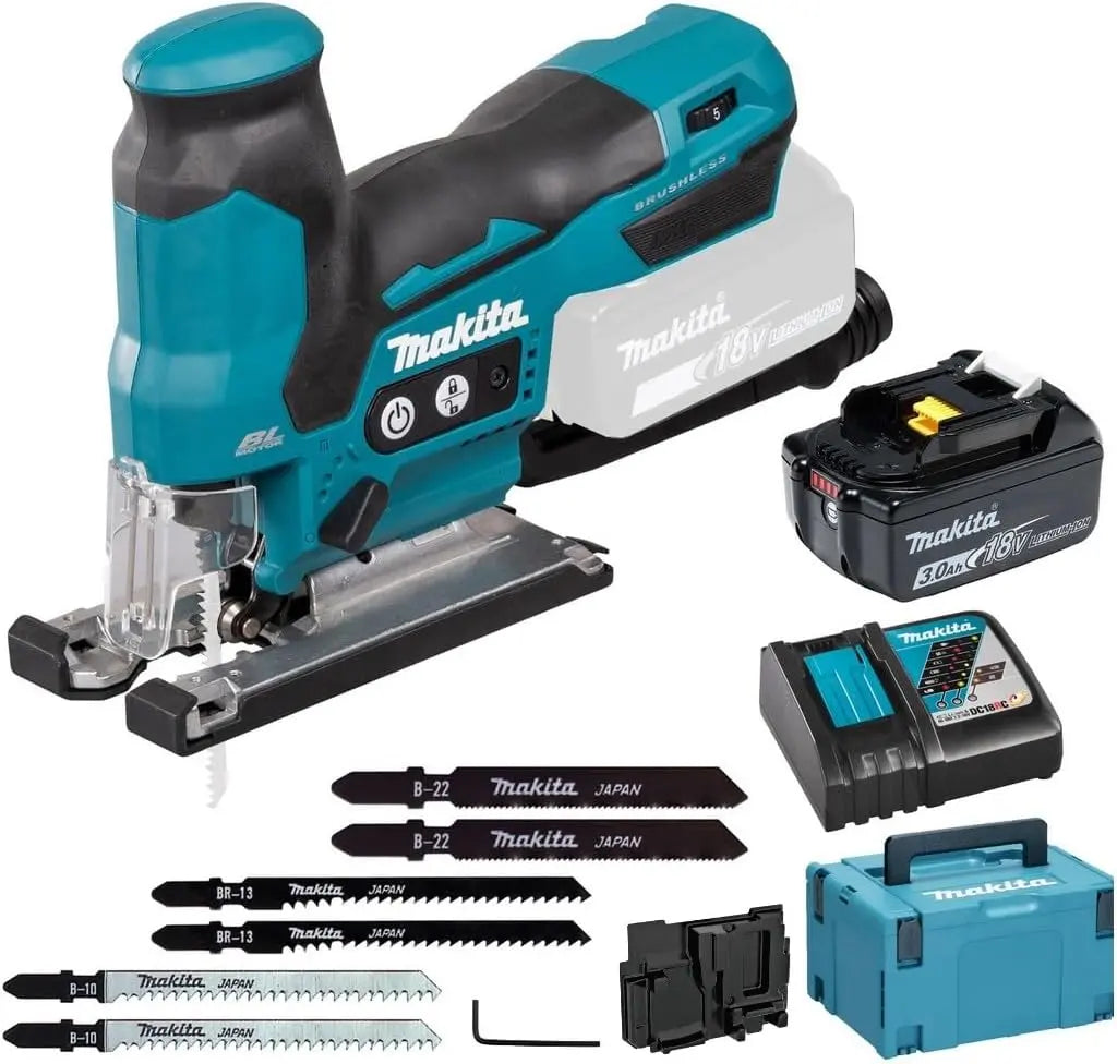 Makita DJV185RF1J Scie sauteuse pendulaire sans fil 18 V / 3,0 Ah 1 batterie + chargeur en coffret Makpac – gris/bleu/noir
