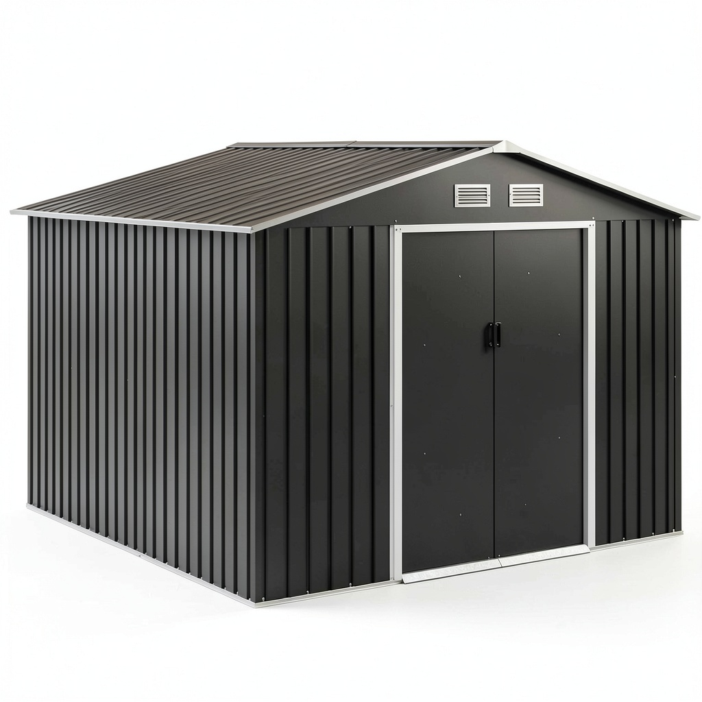 Abri de jardin, en métal, avec rangement, avec portes coulissantes, coloris blanc et gris, pour le jardin