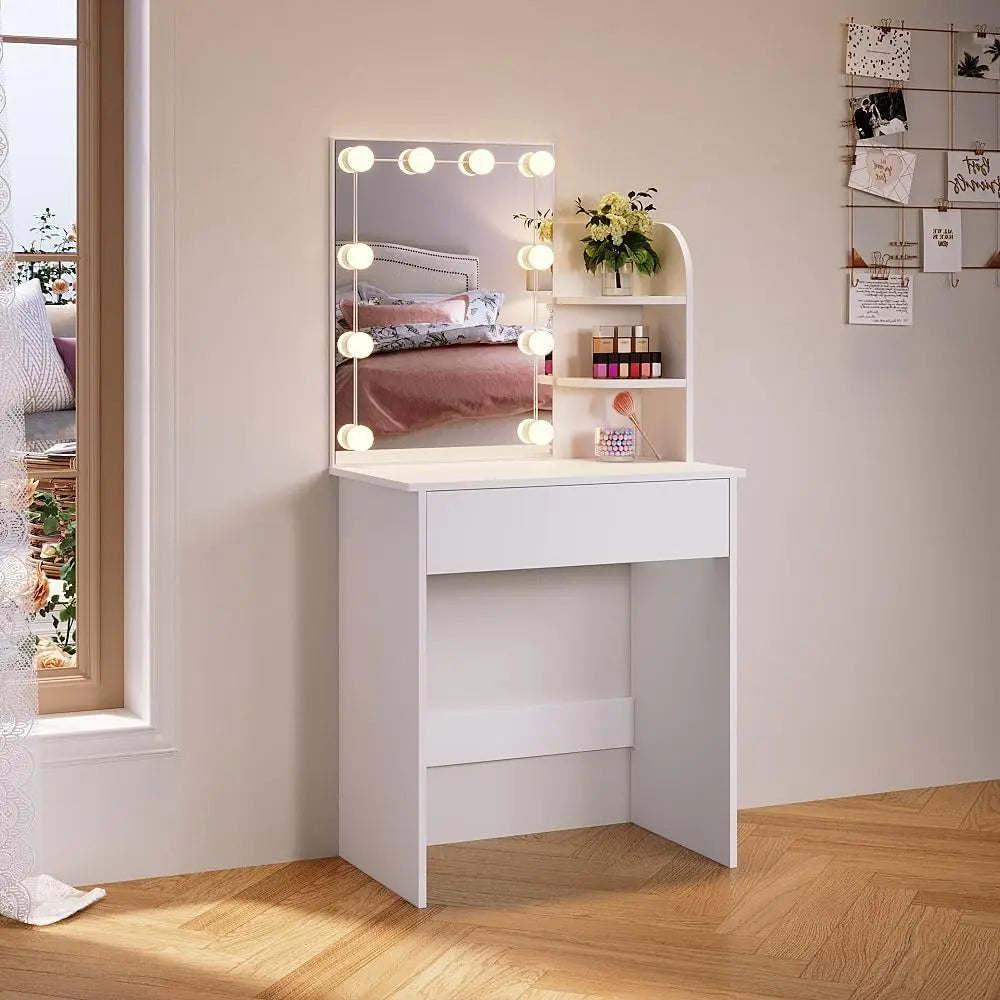SONNI Coiffeuse avec miroir – 70 x 40 x 140 cm, blanc