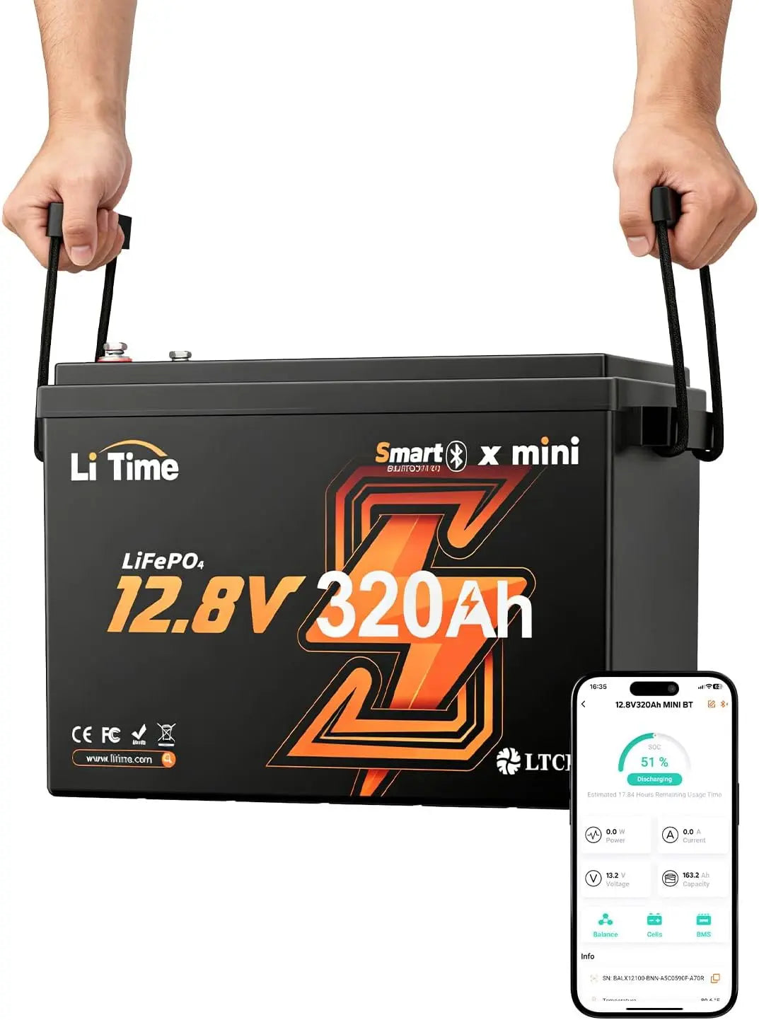 LiTime Batterie LiFePO4 12V 320Ah Mini avec Bluetooth pour Camping-Car – gris/noir/orange