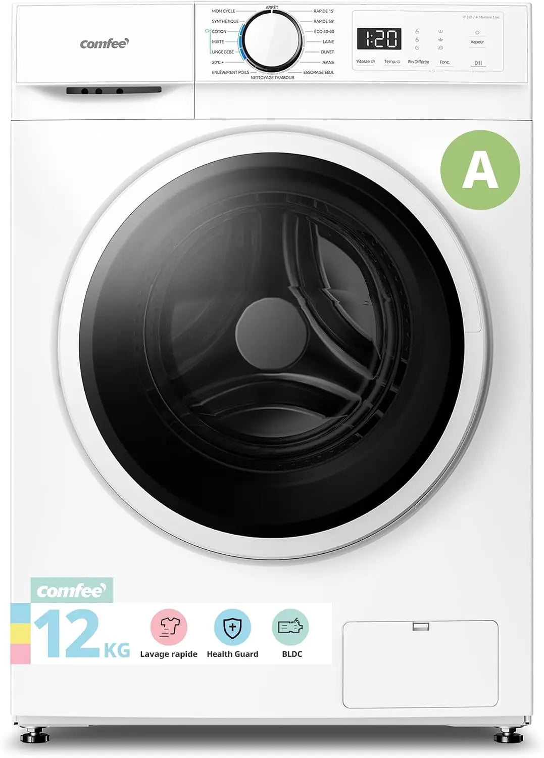 COMFEE' Lave-Linge 12KG Classe A Moteur BLDC 1400RPM Blanc CF12EWA01W