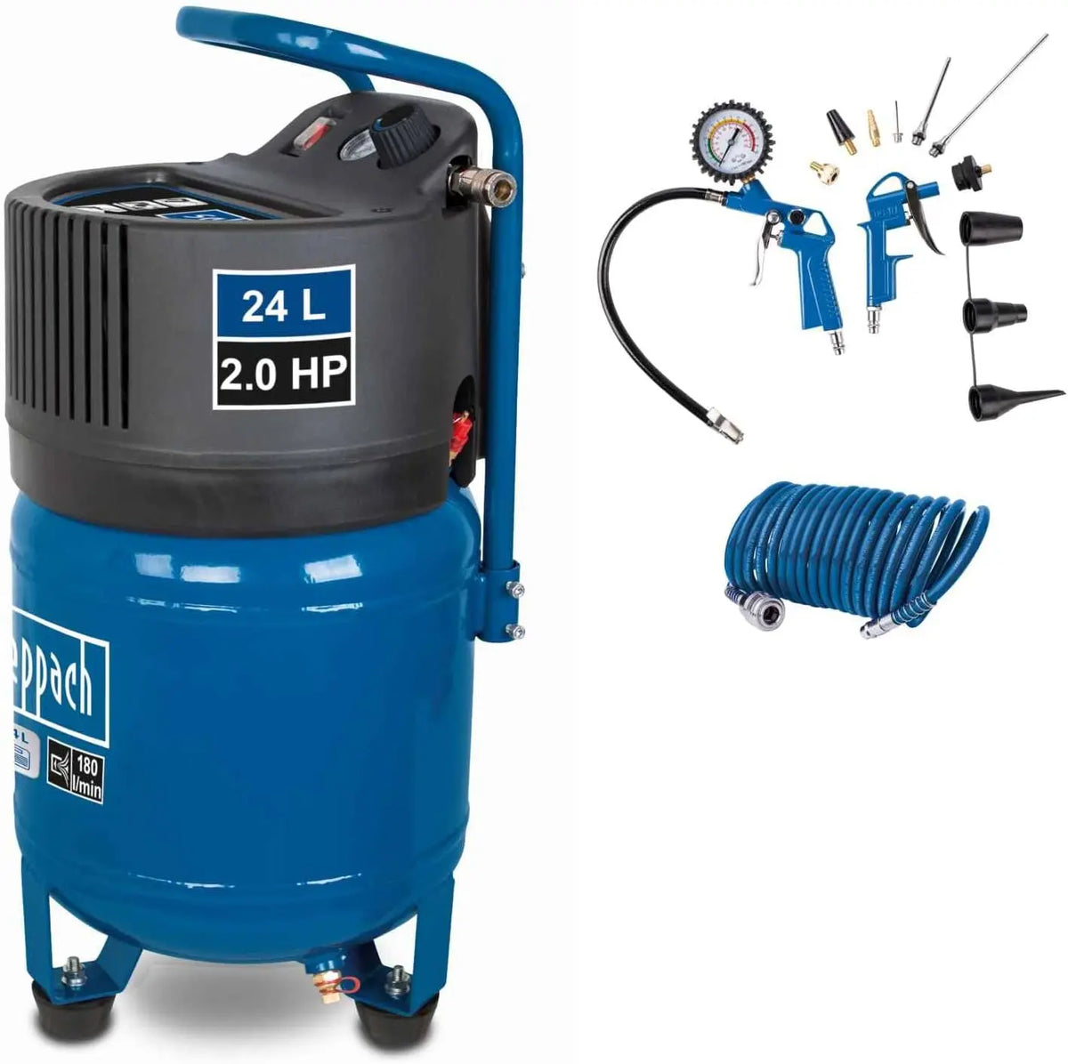 Scheppach Compresseur d'air vertical HC24V - tuyau 10 m +13 accessoires – 1500 W, 24 litres, 180 L/min / 95 L/min, bleu/gris