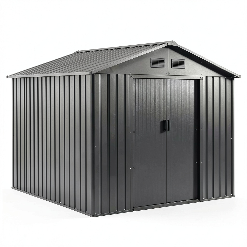 Abri de jardin, en métal, avec rangement, avec portes coulissantes, coloris gris et anthracite, pour le jardin