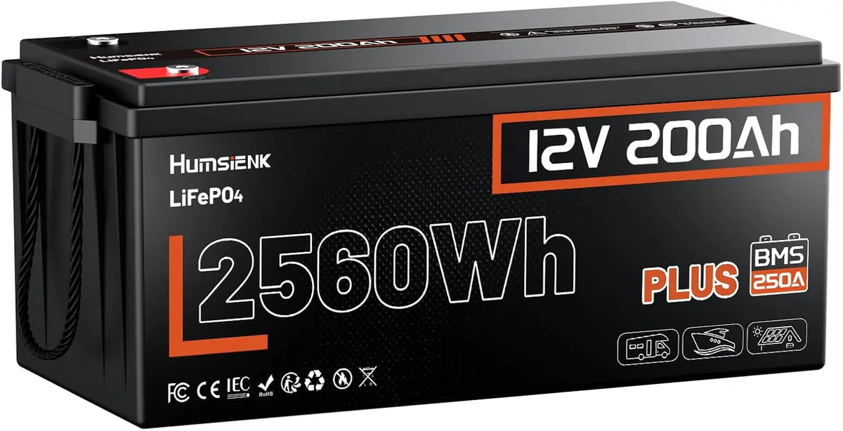 HumsiENK Batterie Lithium LiFePO4 12V 200Ah Plus – 3200 W, 2560 Wh, noir/gris
