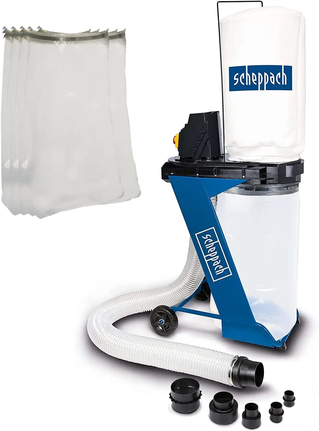 Scheppach Aspirateur DC500 550W 5 Sacs à copeaux + 4 adaptateurs – 75 litres, 1150 m³/h, gris/bleu