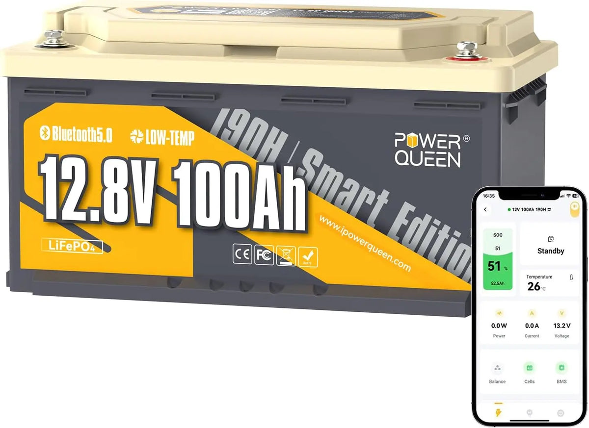 Power Queen H190 Batterie Lithium 12V 100Ah Bluetooth pour Camping-Car – 20,48 kWh, gris/blanc