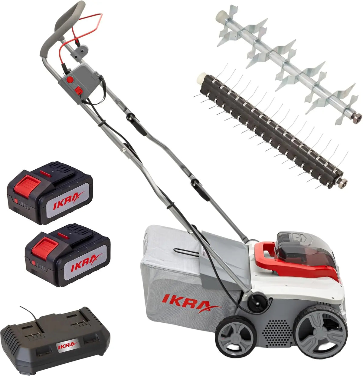 IKRA scarificateur et aérateur de gazon sans fil 3 en 1 IAVL 2-2040,40 cm – 4,0 Ah / 4 Ah, gris