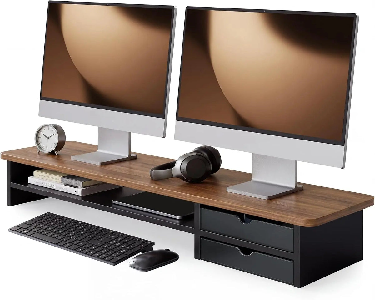 Fenge Réhausseur d'Écran PC Bureau,2 PC Tiroirs – marron