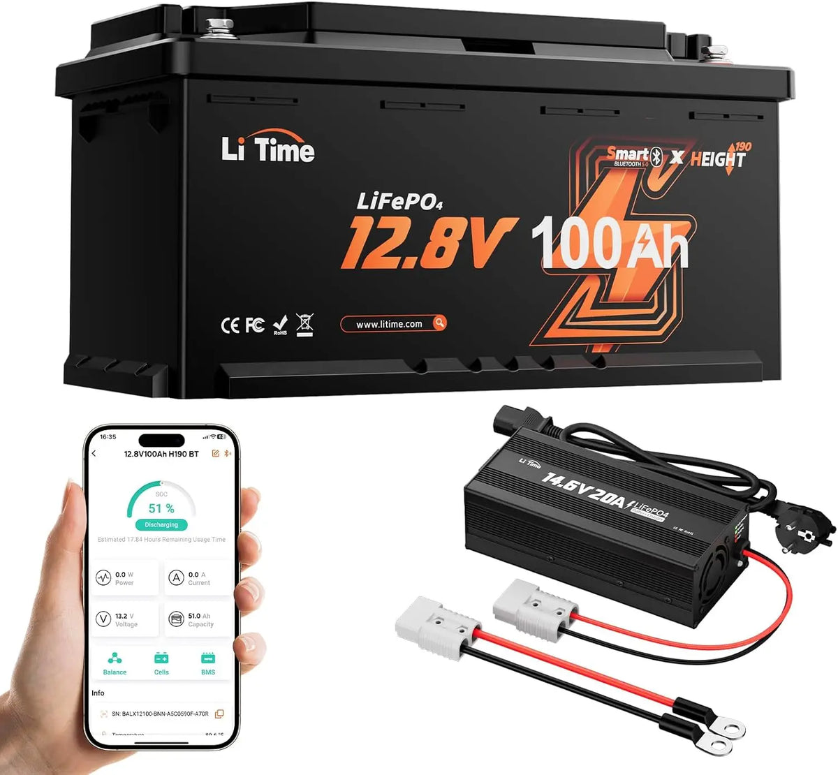 LiTime Batterie LiFePO4 12V 100Ah Bluetooth et Chargeur pour Camping-Car – noir/gris
