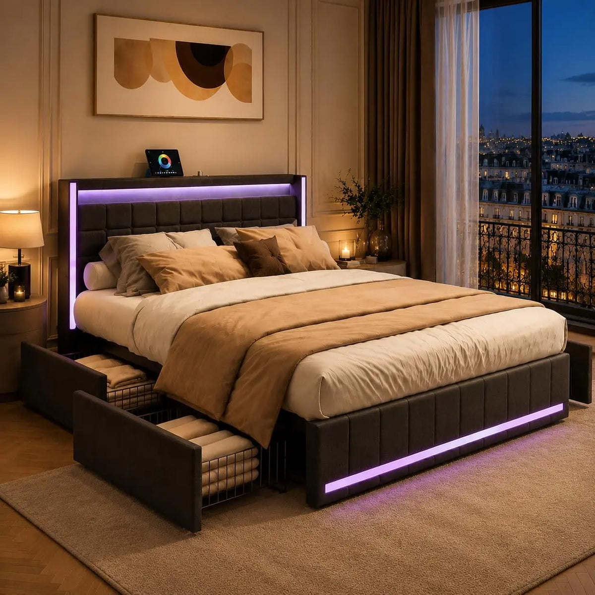 LIVLUX Lit 160x200 avec Sommier LED et USB – 160 x 200 cm, gris