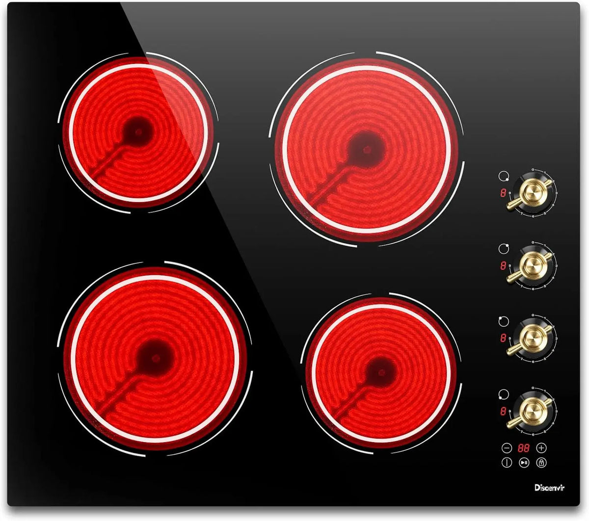 Plaque Vitrocéramique 4 feux avec Boutons – 6000 W, 60 HZ, noir/rouge/gris