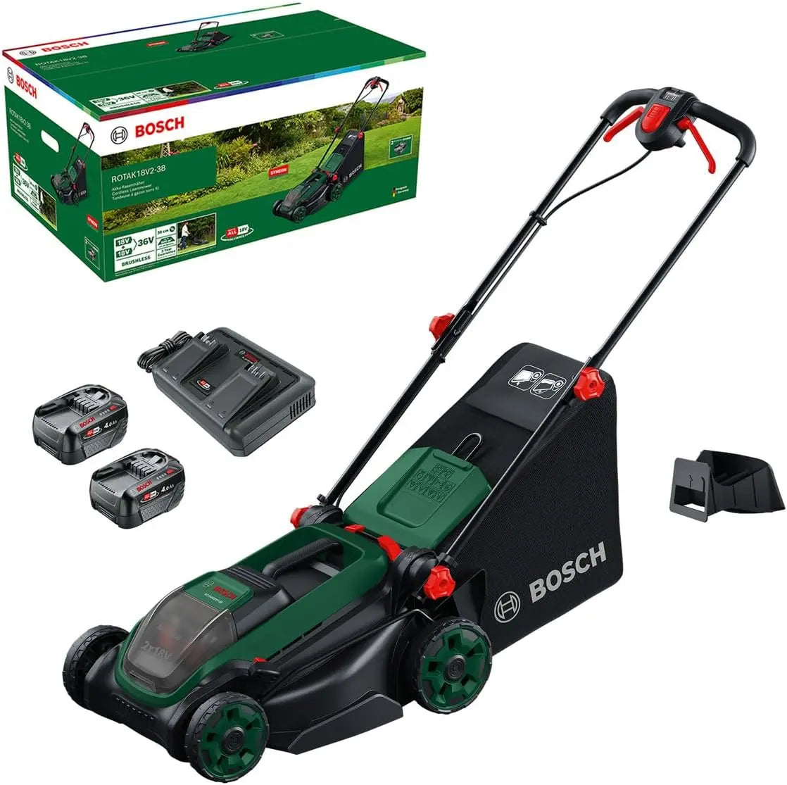 Bosch Tondeuse à Gazon sans-Fil ROTAK18V2-38 – 4,0 Ah, gris/noir/vert