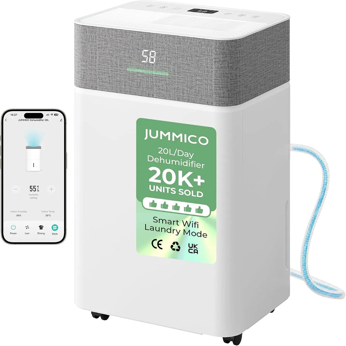 JUMMICO Déshumidificateur d'air électrique 20 L/jour avec App & Wi-Fi – 280 W / 475 W, 20 L / 4,3 L, gris/vert