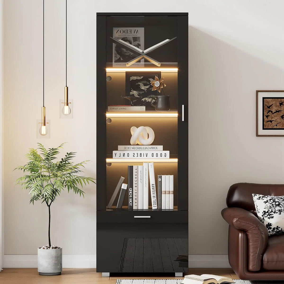 Merax Vitrine noire brillante avec portes en verre – 40 x 50 x 160 cm