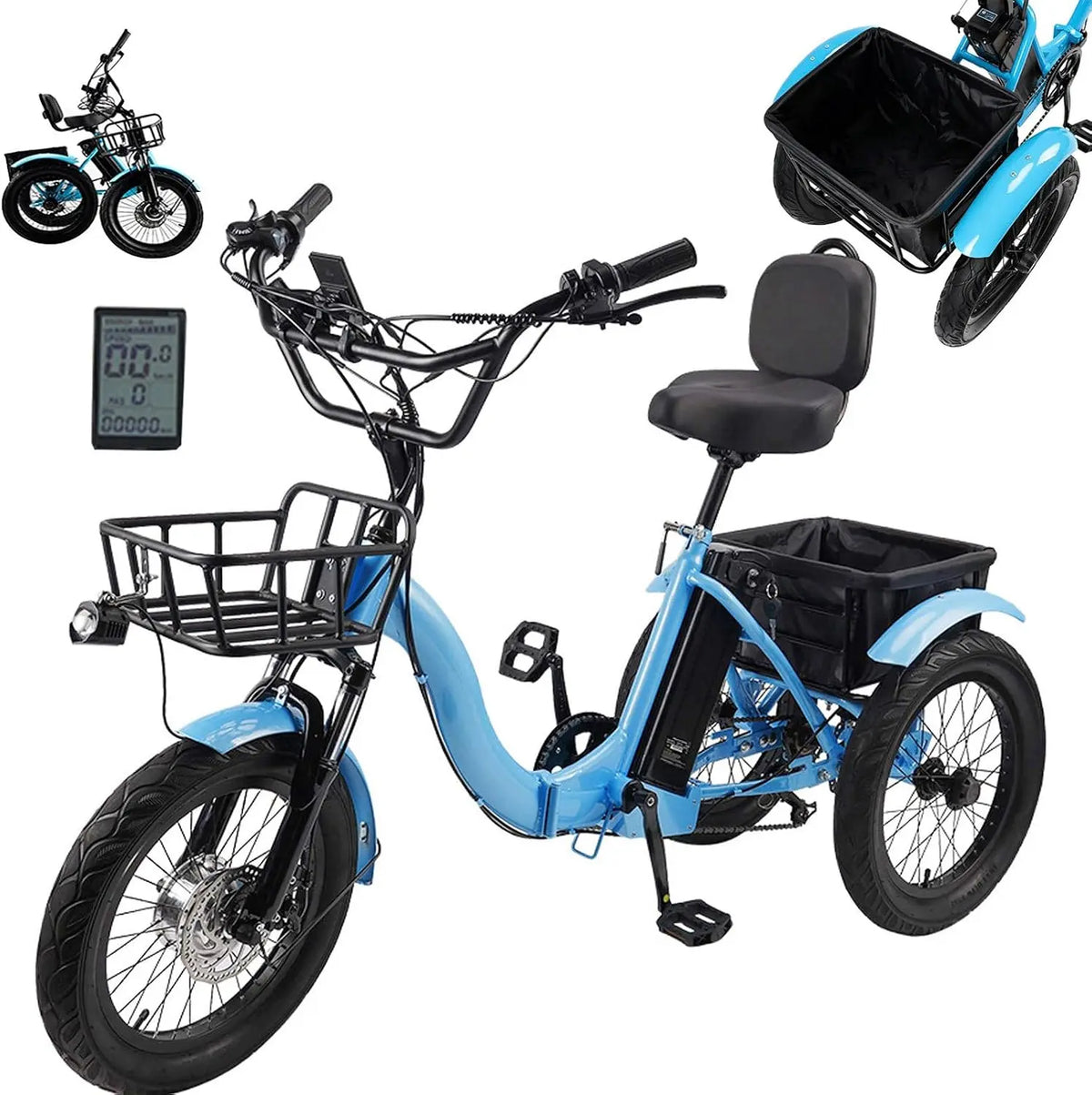 Tricycle électrique Pliable pour Adulte De 18 Pouces avec Grand Panier – 13 Ah, bleu