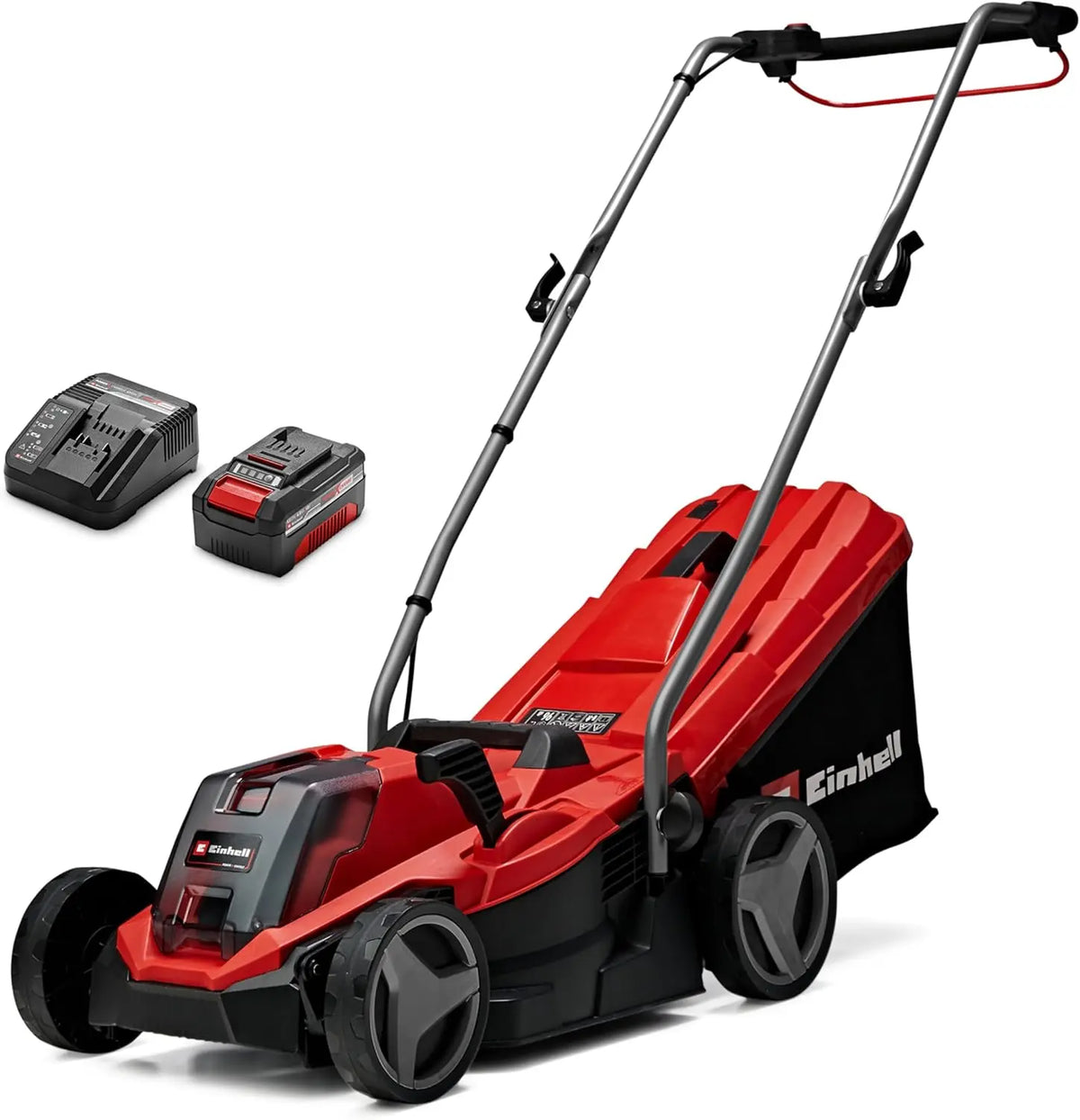 Einhell Tondeuse à Gazon sans Fil GE-CM 18/33 Li Kit 1x4,0 Ah – noir/gris/rouge