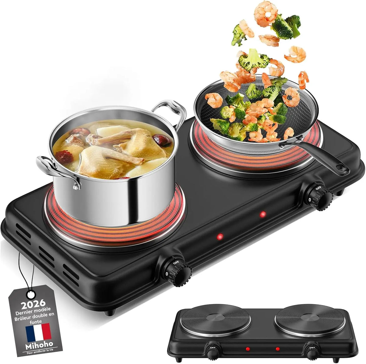 Plaque de cuisson électrique double 2000 W – argenté/noir