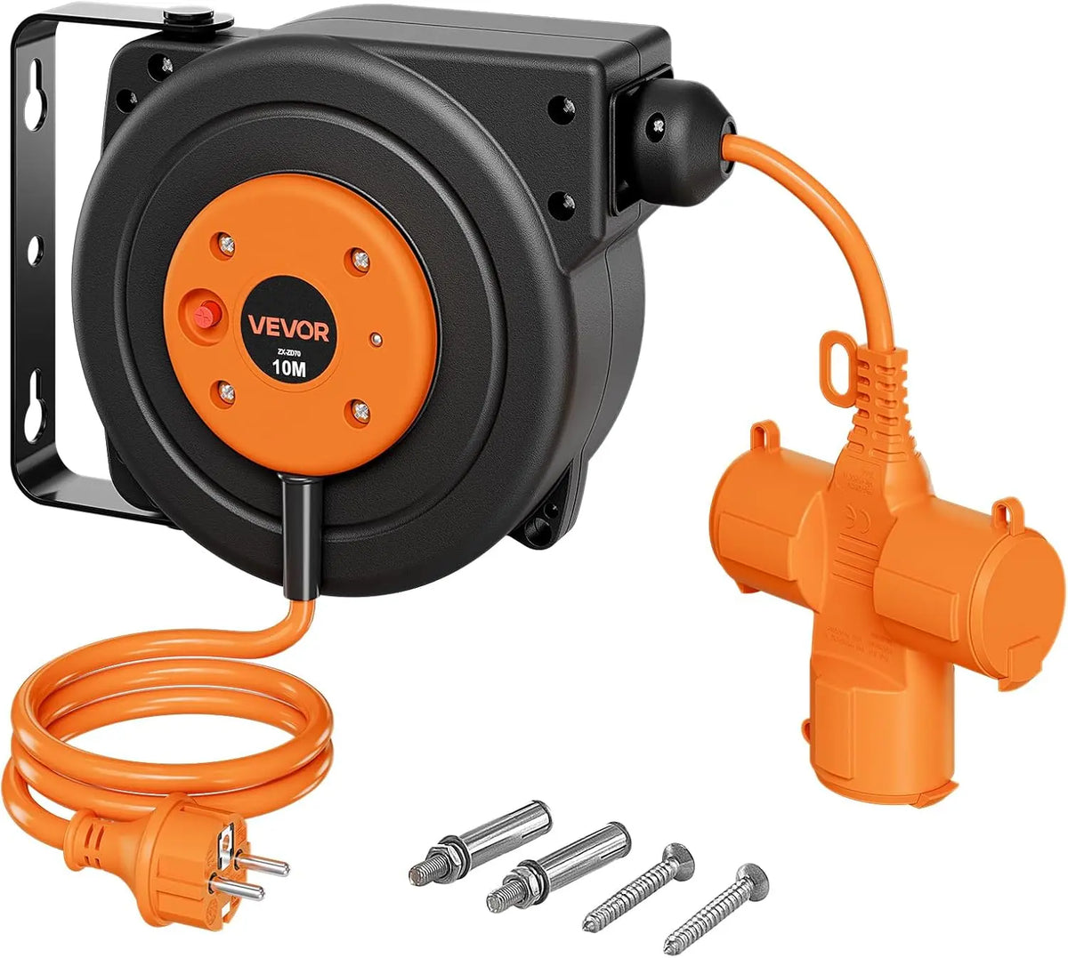 VEVOR Enrouleur Électrique Automatique 10 m 1,5 mm² Rallonge Rétractable – 3000 W, 50 Hz, orange/gris/noir