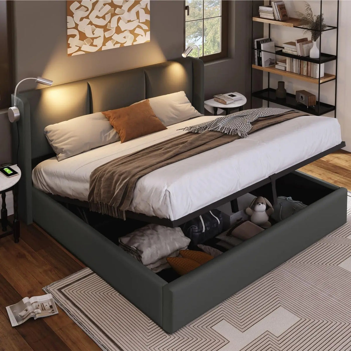 Sweiko Rembourré Cadre de Lit 140x200 cm avec éclairage LED sommier et Rangement à Lattes – gris