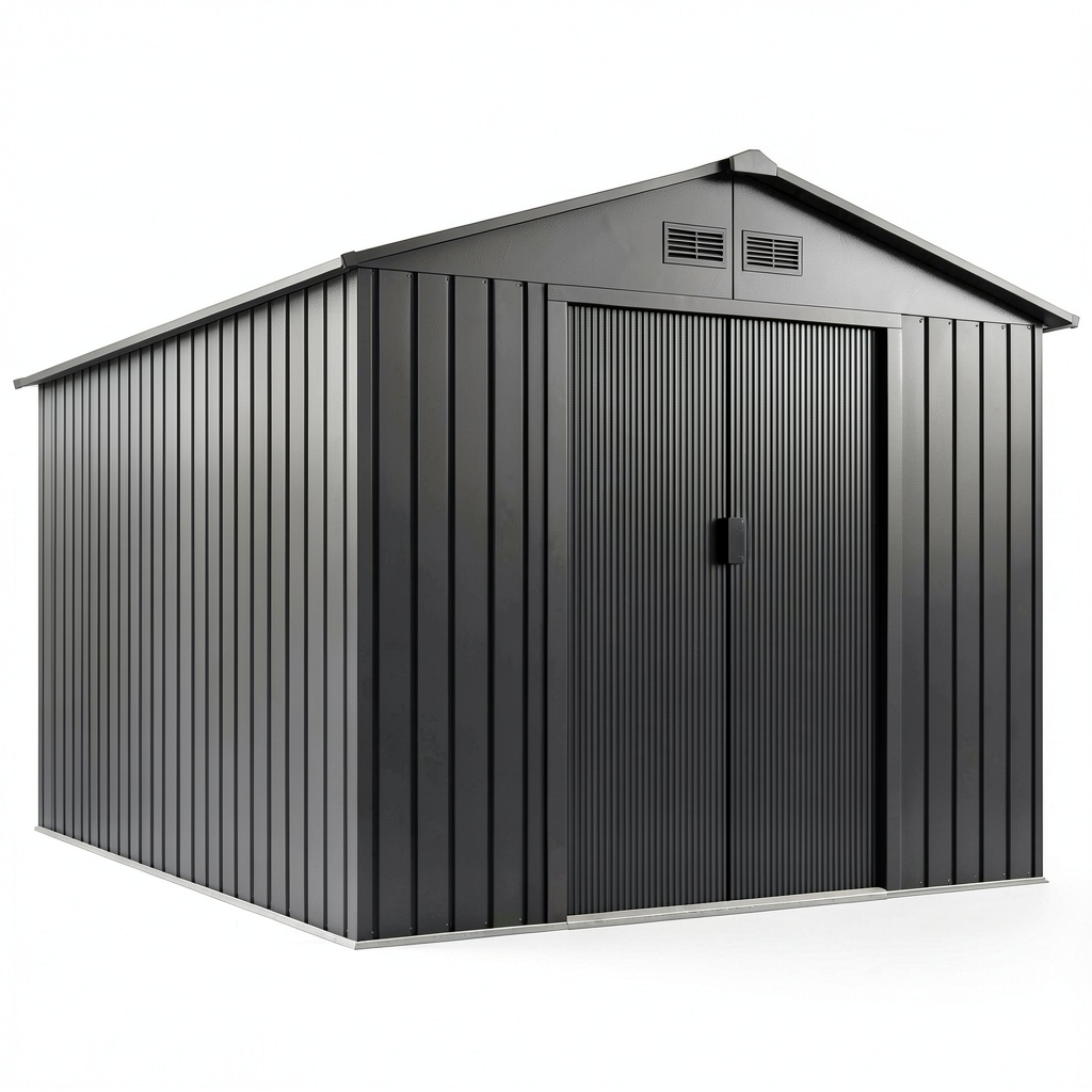 Abri de jardin, en métal, avec rangement, avec portes coulissantes, coloris anthracite, 258 x 313 x 202 cm, pour le jardin
