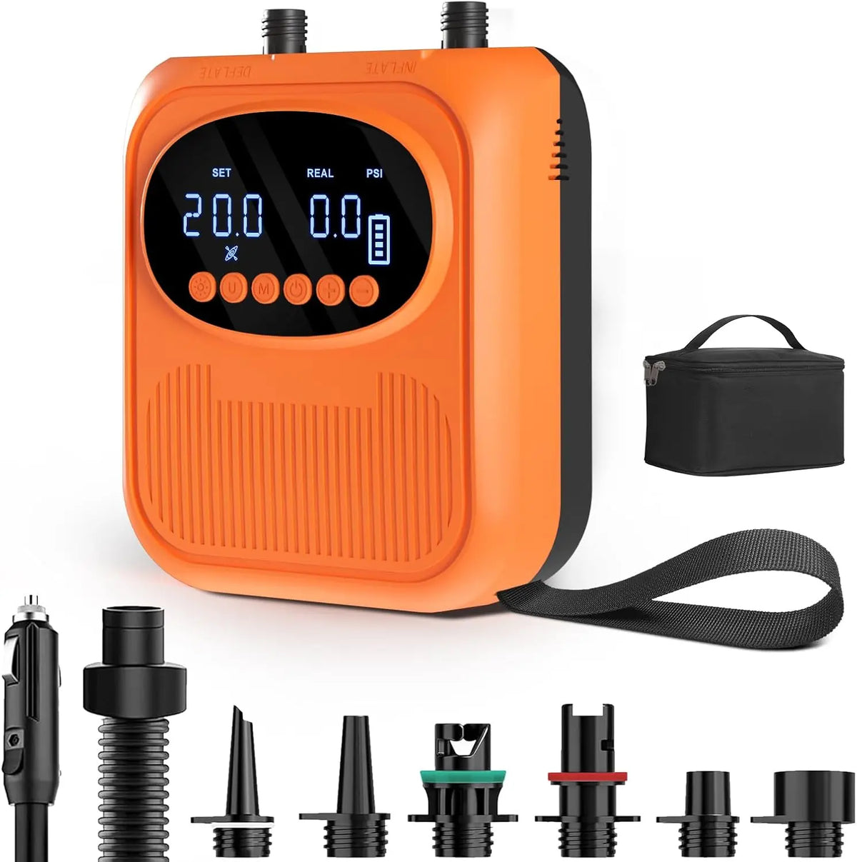 Pompe Électrique 20 PSI pour Sup - Pompe Intelligente Rechargeable avec Connecteur 12V – 400 L/min / 100 L/min, orange/noir/gris