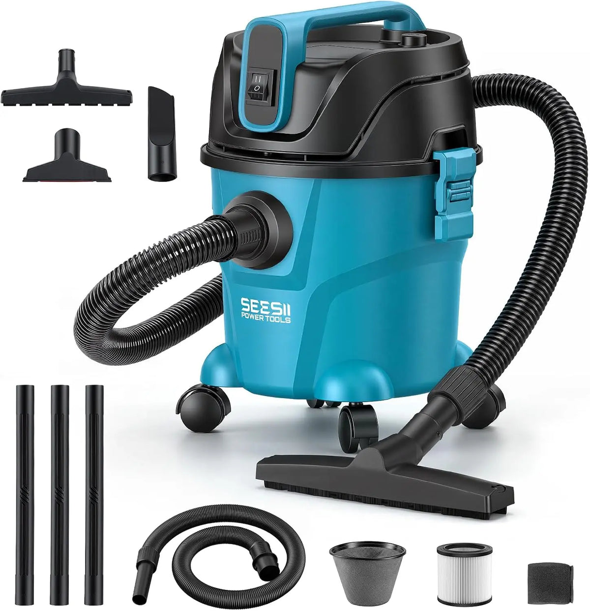 Seesii Aspirateur Eau et Poussière 10L 1100W 2,5CV – 136 m³/h, 4000 mAh, gris/bleu/noir