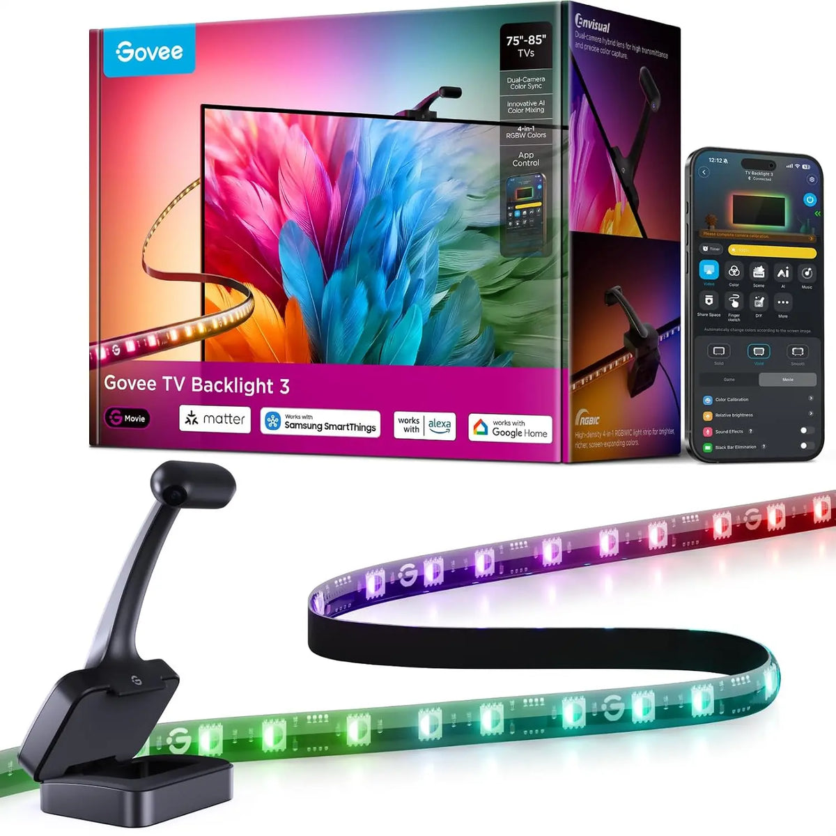 Govee Rétroéclairage téléviseur LED 3 RGBWIC avec Double Caméra – noir