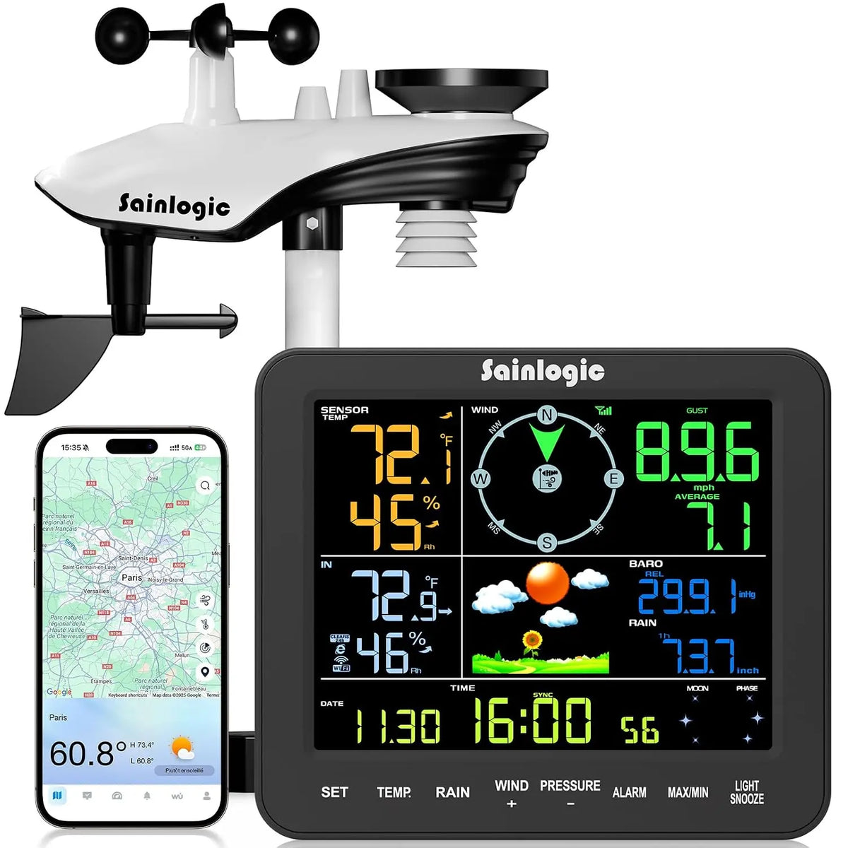 Sainlogic Station météo radio avec pluviomètre et anémomètre – gris/noir