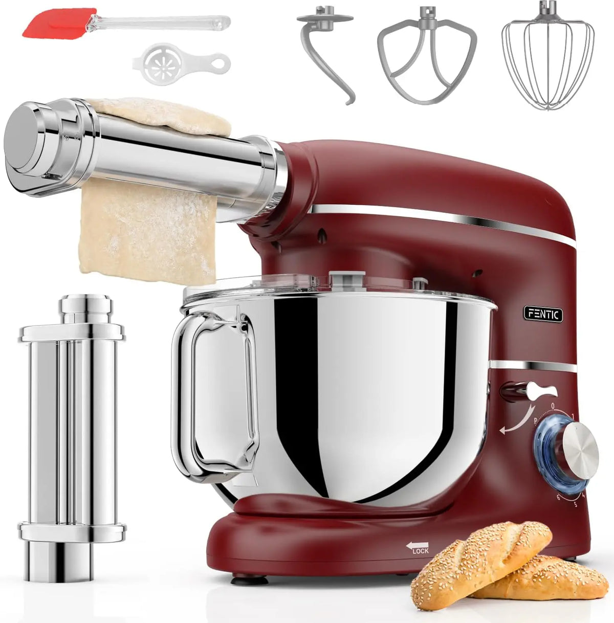 Robot Pâtissier avec Machine a Pates Fraiche – 2000 W, 6,2 L, rouge