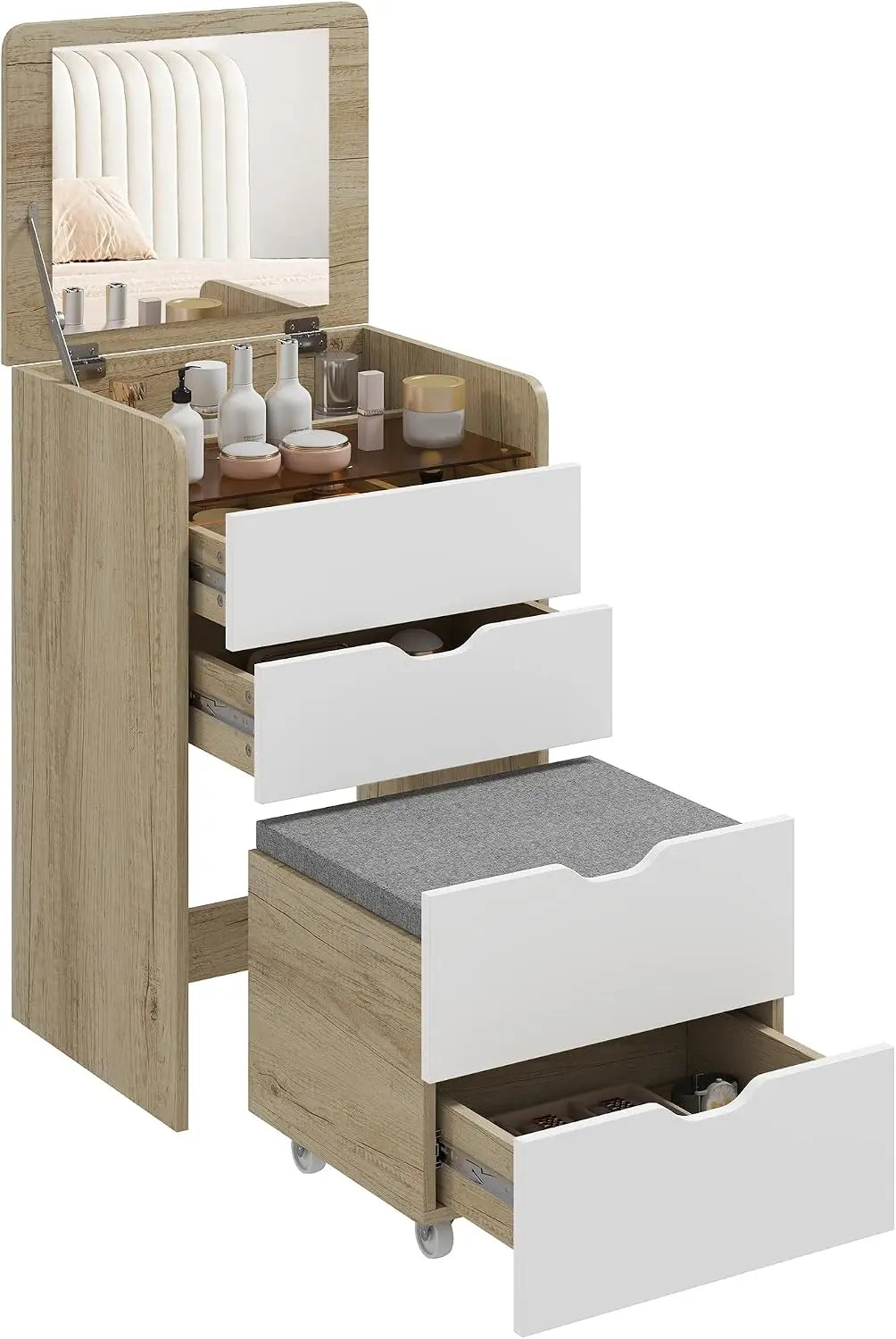 HOMCOM – Coiffeuse avec Miroir et Tabouret 3 en 1 2 tiroirs Chêne et Blanc
