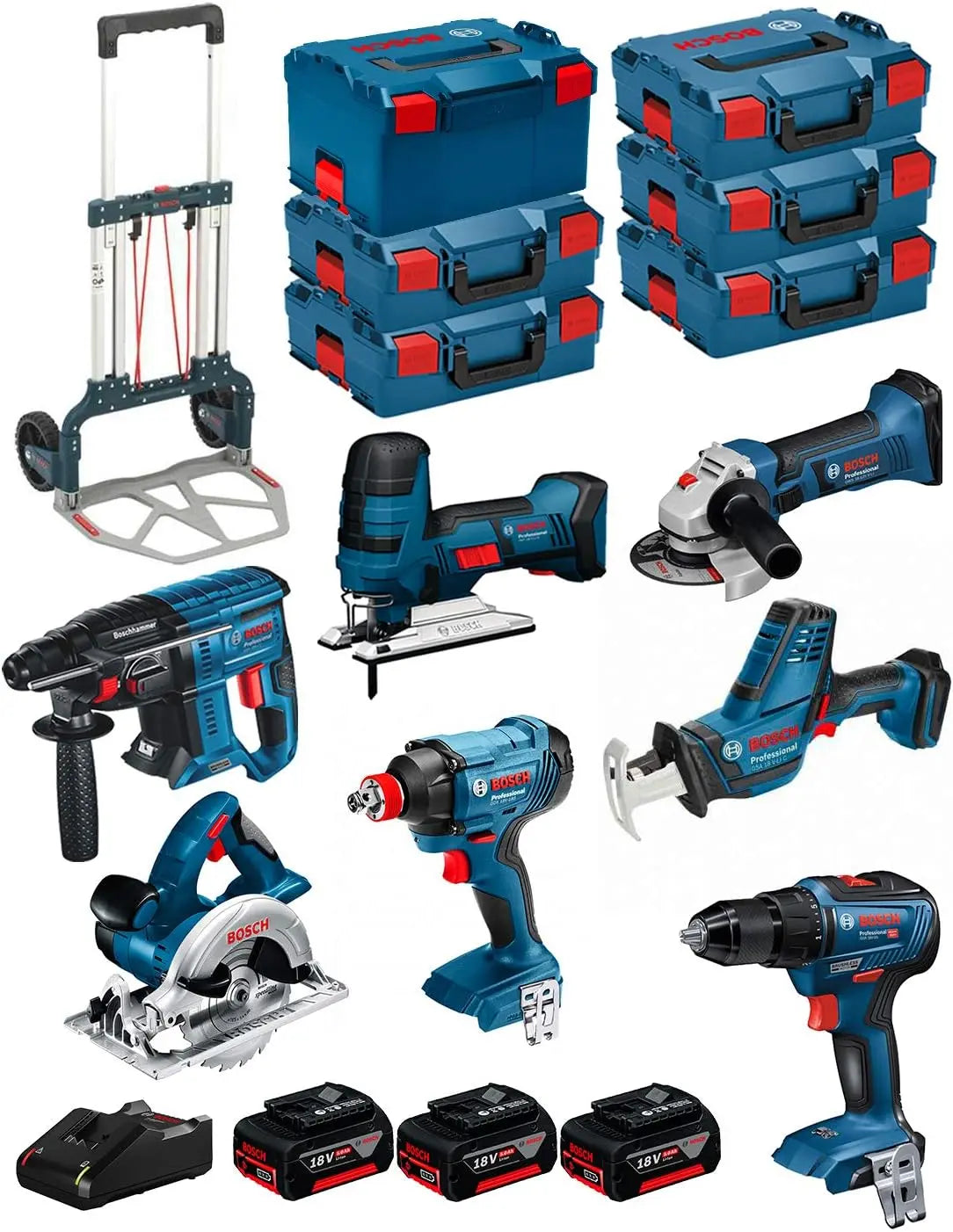 BOSCH Kit 18V BK702 GST 18 V-LI S + GKS 18 V-LI + GBH 18V-21 + GWS 18-125 V-LI + GSR 18V-55 + GSA 18 V-LI – bleu/gris