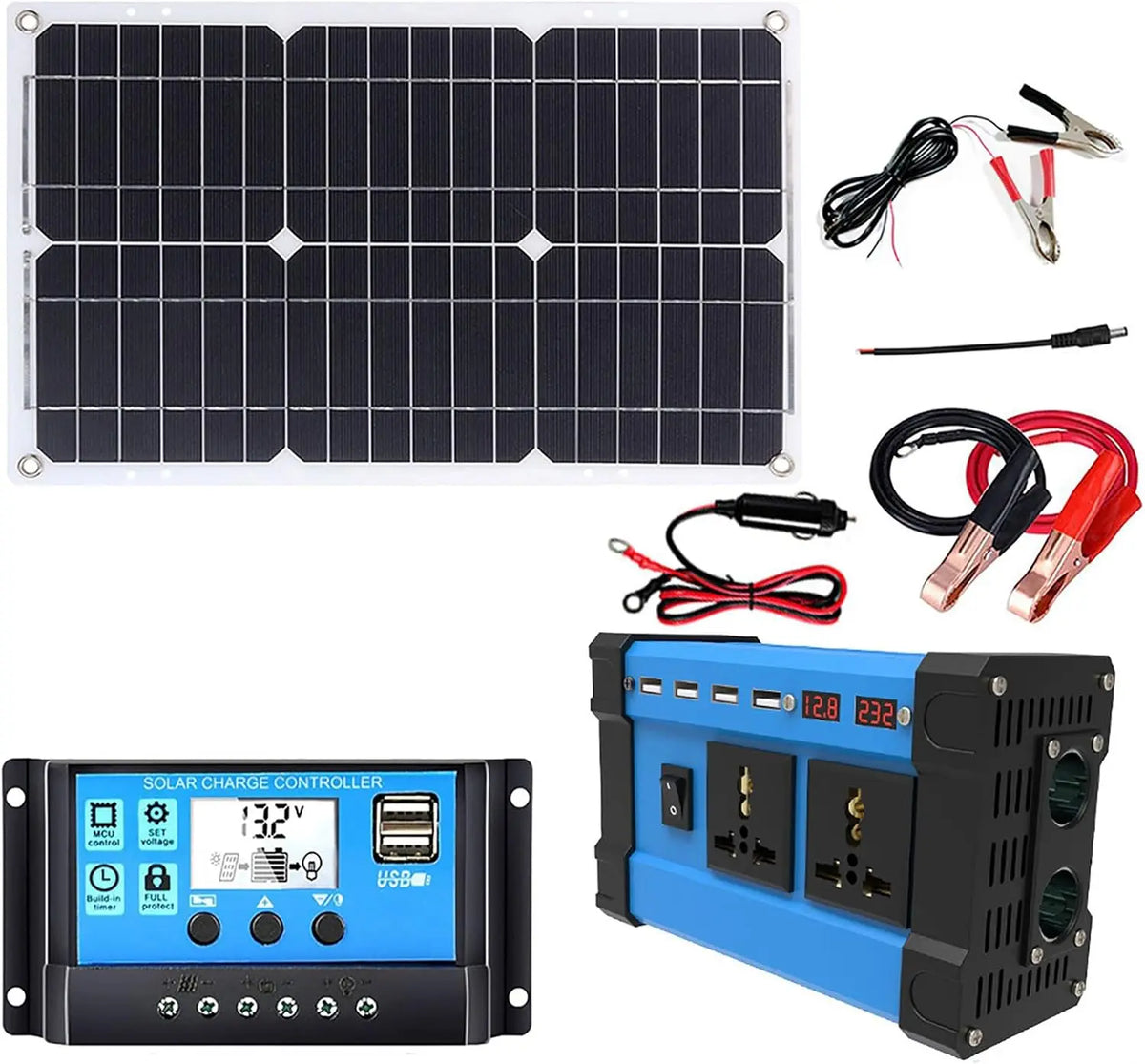 Kit Solaire Complet: onduleur 6000W + Panneau 18W 18V avec contrôleur Double Tension – 6000 W / 18 W, 148,5 x 78 x 35 mm, gris/noir/bleu