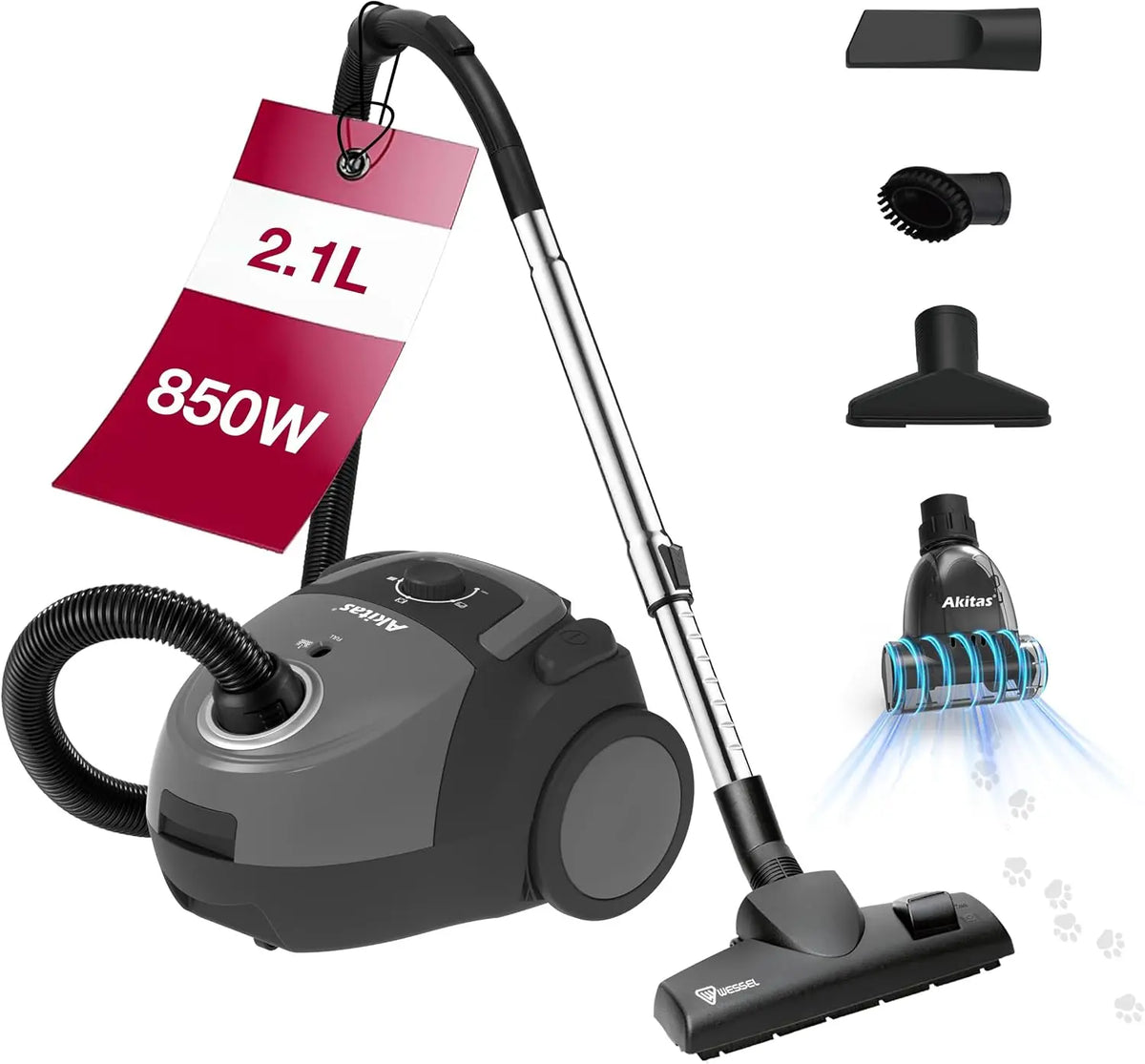 Akitas C5 Aspirateur avec Sac 850W 2.1L – 2,1 L, gris/noir