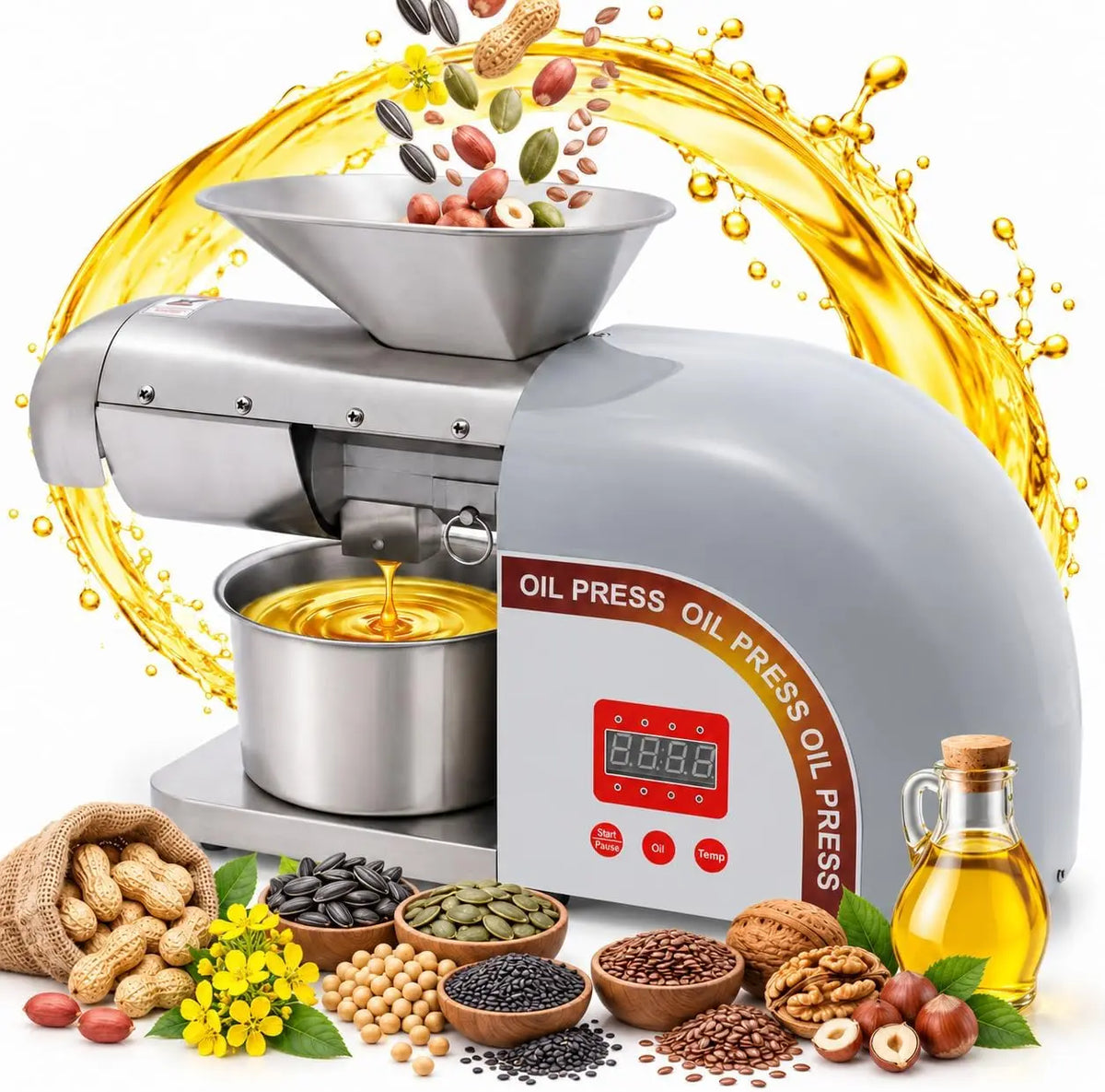 Presse à huile 1800 W - Température réglable de 0 à 300 °C - Vitesse de travail – 48 x 21 x 29 cm, 50 Hz / 60 Hz, gris