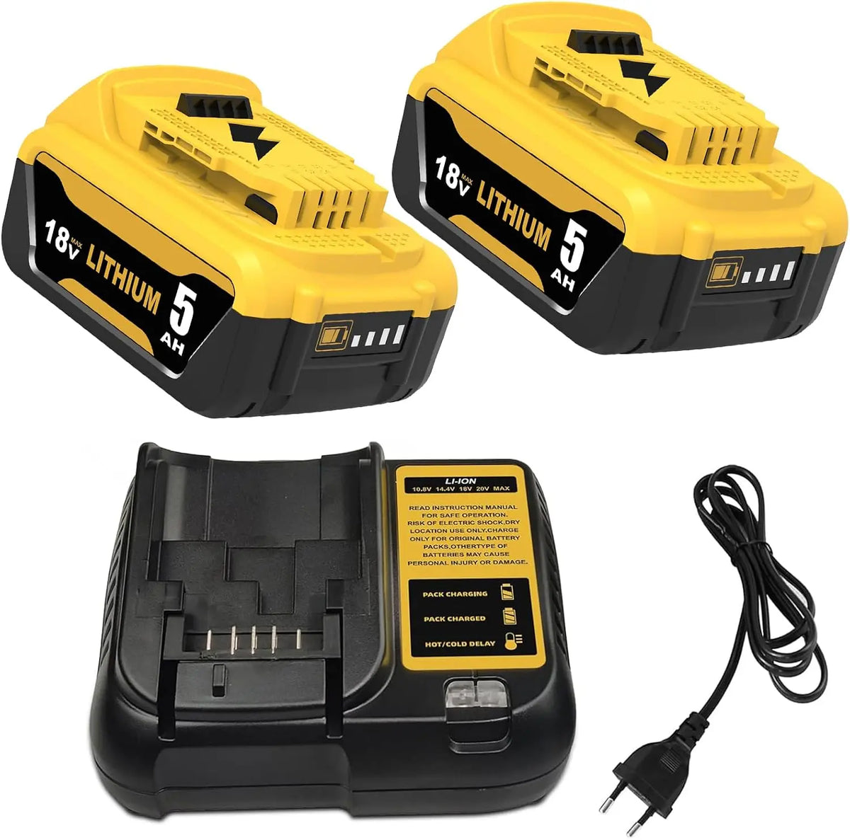 Dewalt 2pcs 5000mAh Remplacement pour Dewalt 18V Batterie et DCB107 Chargeur – 90 Wh, 60 HZ, noir/jaune/gris