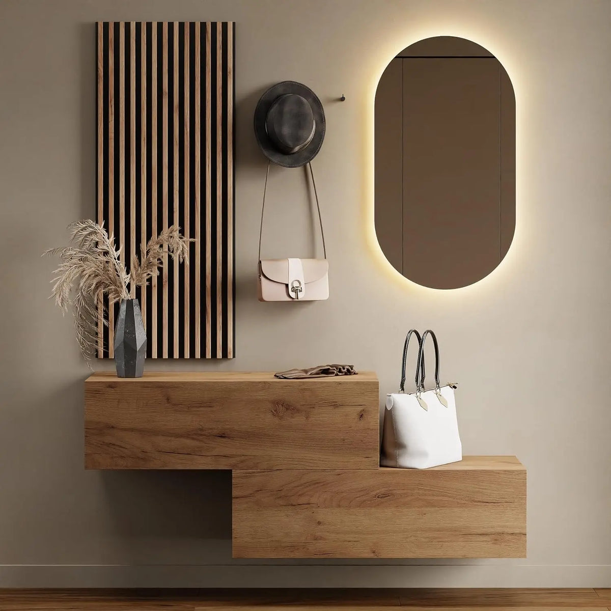 Planetmöbel Placard de couloir - 2 x 100 cm - Chêne doré - Panneau mural de 50 cm - Chêne doré/anthracite – gris anthracite