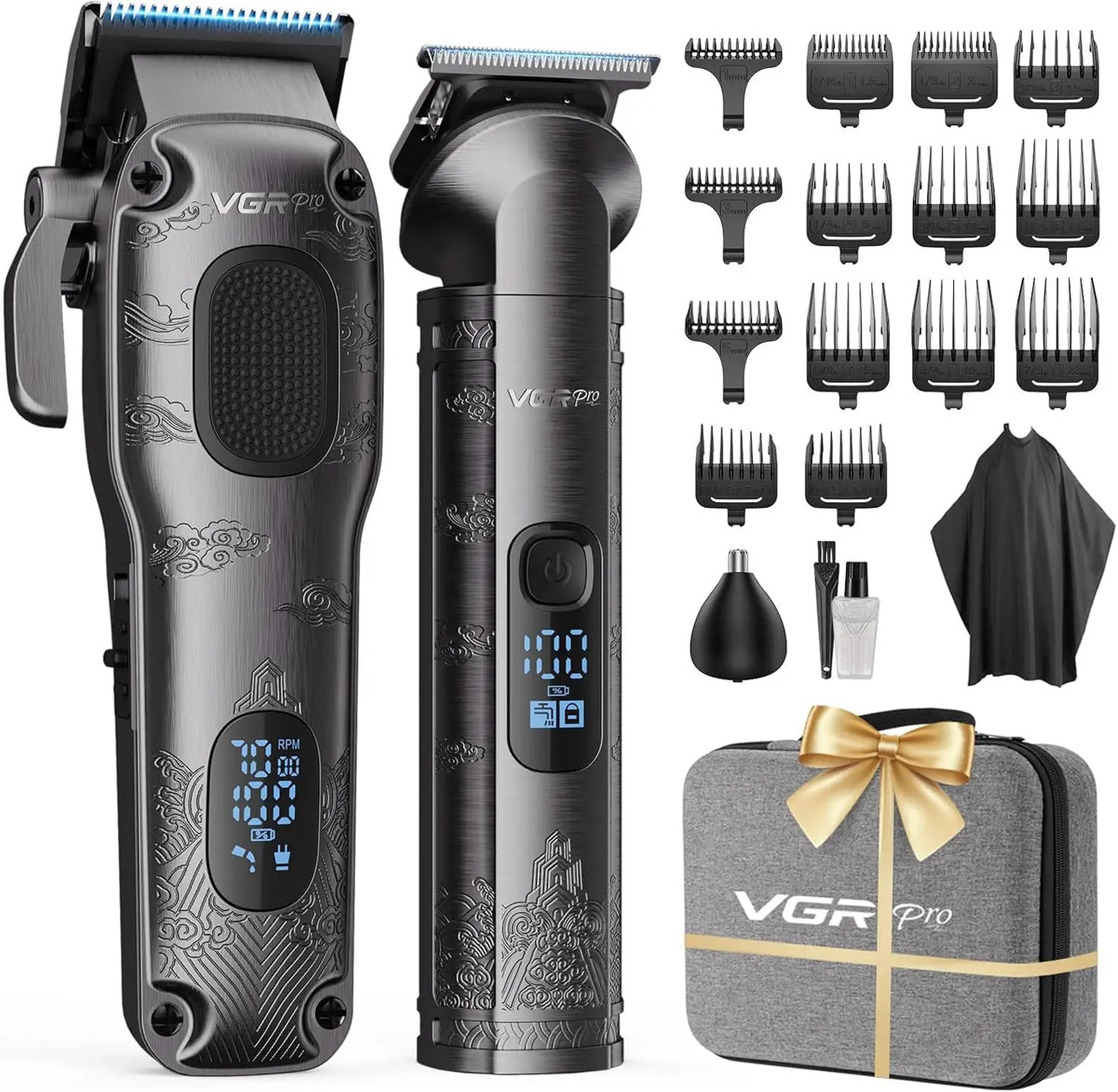 VGRPRO Kit Tondeuse Cheveux Hommes Professionnelle et Trimmer – gris/noir