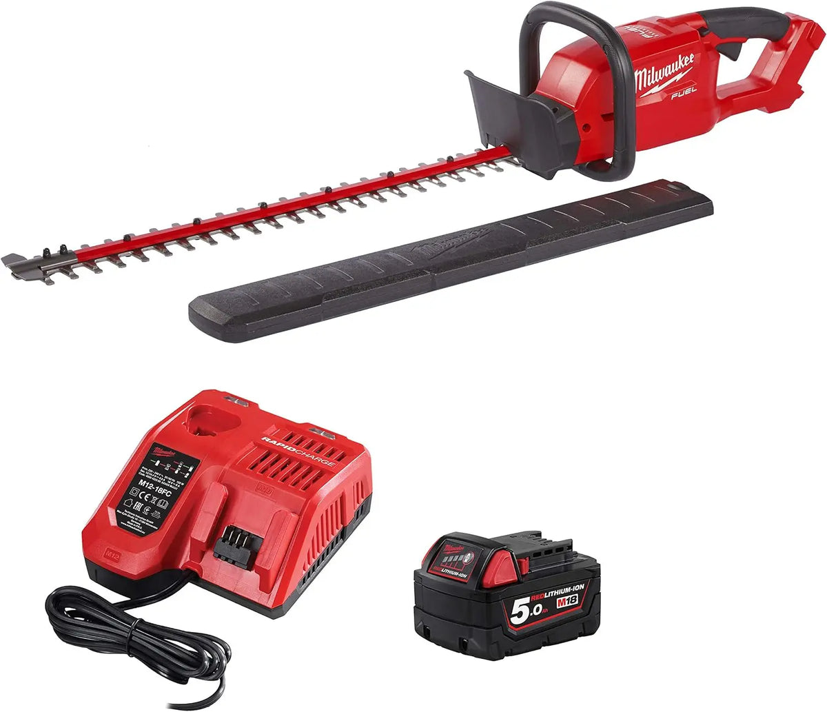 Milwaukee Fuel M18 CHT-0 Taille-haie sans fil + 1 batterie 5,0 Ah + chargeur dans une boîte – gris/rouge/orange