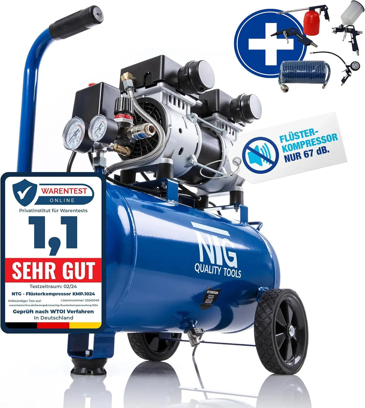 NTG Compresseur silencieux 9 bar - Puissance puissante de 1470 W - Sans huile - Particulièrement – bleu/gris