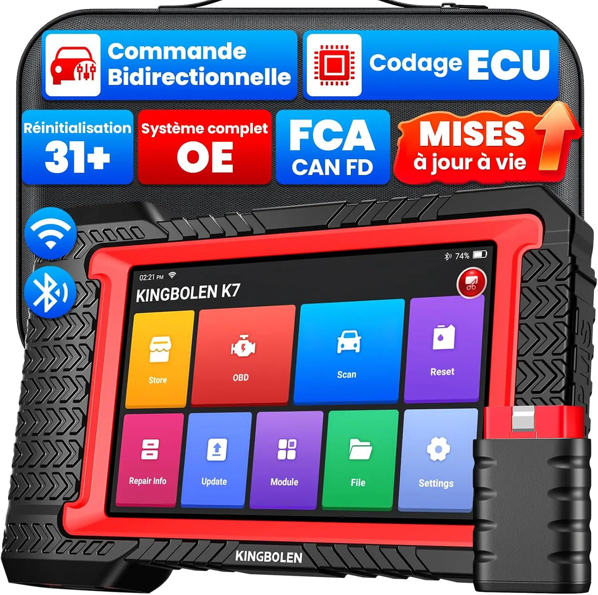 KINGBOLEN K7 Valise Diagnostic Auto Multimarque – OBD2, 6000 mAh / 3150 mAh, 1,8 GHz / 2,4 GHz, 32 Go, bleu/gris/rouge