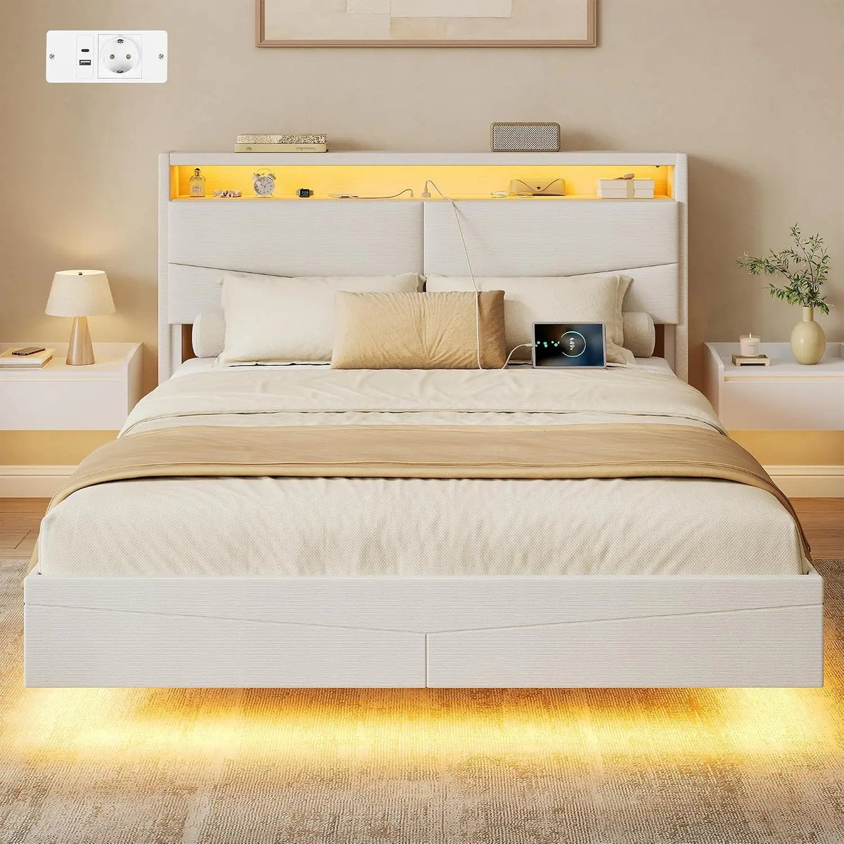 Hzuaneri Lit Double 140 × 190 cm – beige/gris