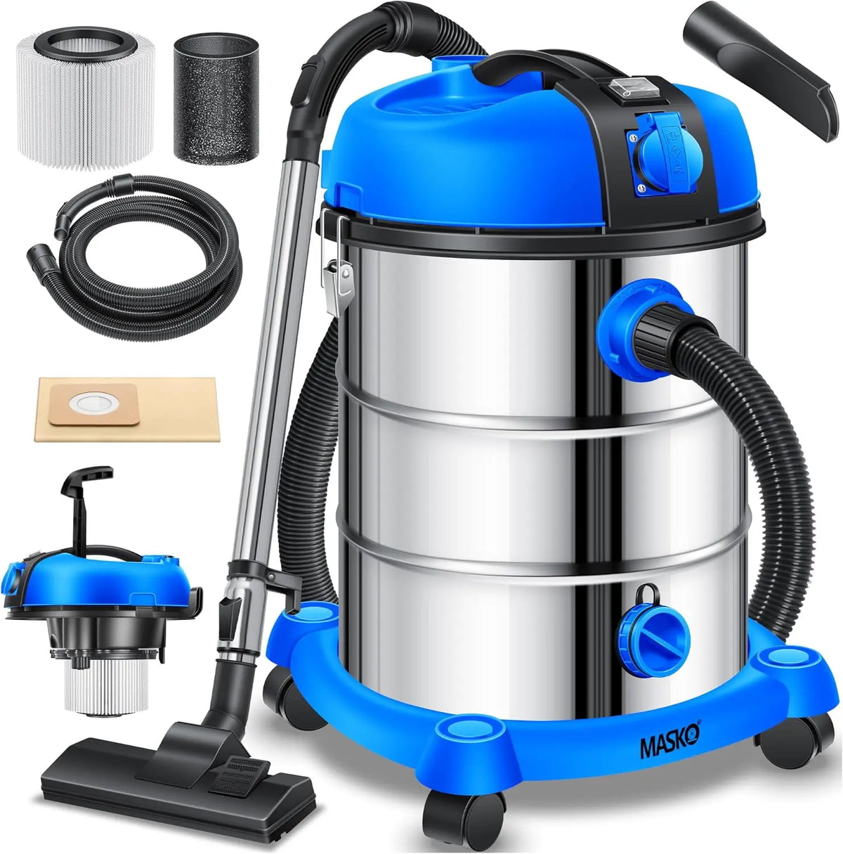 Masko Aspirateur Industriel Aspirateur Eau et poussière Acier Inoxydable 2 300 W + Prise – 30 litres, 50 Hz, argenté