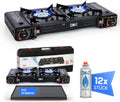 Z.M.C ZMC Réchaud à gaz de camping à 2 feux avec adaptateur pour raccordement GPL + plaque de cuisson 45 – 2,3 kW / 2,5 kW, gris/noir/bleu
