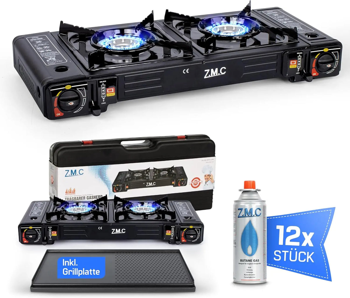 Z.M.C ZMC Réchaud à gaz de camping à 2 feux avec adaptateur pour raccordement GPL + plaque de cuisson 45 – 2,3 kW / 2,5 kW, gris/noir/bleu