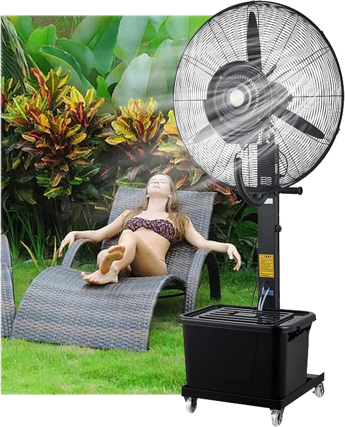 Ventilateur brumisateur d'extérieur commercial oscillant à 90° sur pied avec brumisateur pour terrasse – 50 Hz, gris/vert/noir