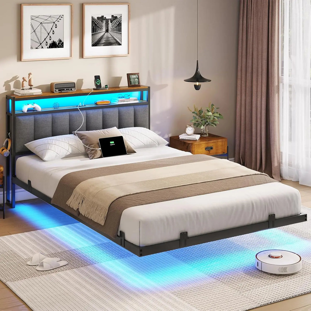 AOGLLATI Cadre de Lit 140x190 avec Multiprise et Éclairage LED – gris